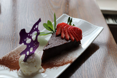 Close-up of chocolate cake in plate