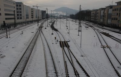 High angle view of railway tracks in winter
