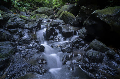 Water flowing through rocks in forest