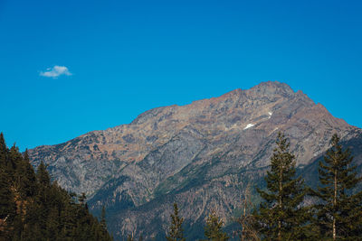 Low angle view of mountain range against clear blue sky