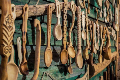 Close-up of wooden kitchen equipment for sale at store