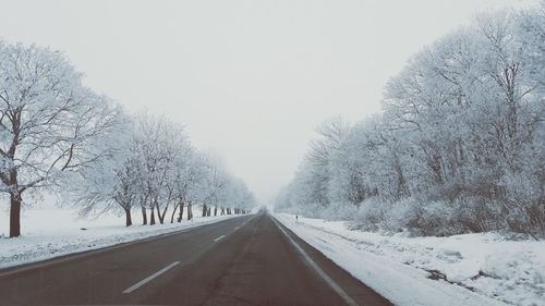 Road amidst trees against clear sky during winter