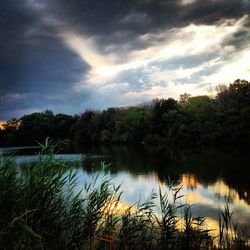 Scenic view of lake against cloudy sky