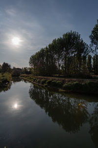 Reflection of trees in lake against sky