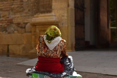 Rear view of woman in front of malaga cathedral