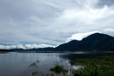 Scenic view of lake and mountains against sky