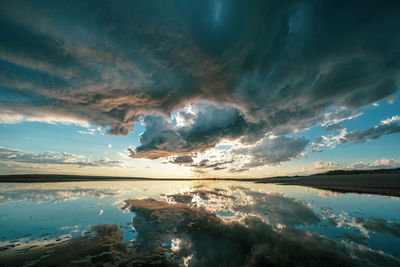 Scenic view of lake against dramatic sky