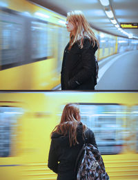 Rear view of woman in train