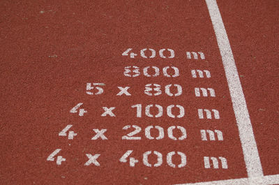 Close-up of numbers on sports track