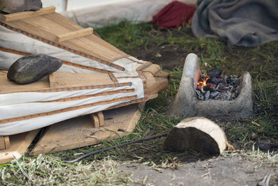 High angle view of bonfire on field