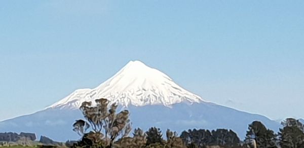 Panoramic view of snowcapped mountain against clear sky