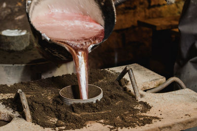 Close-up high angle view of meat on barbecue grill
