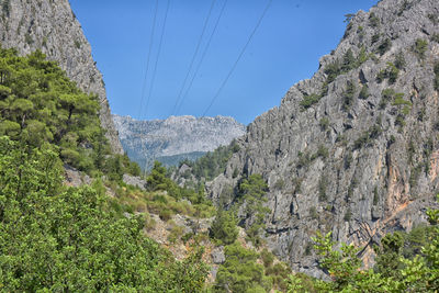 Low angle view of rocky mountains against sky