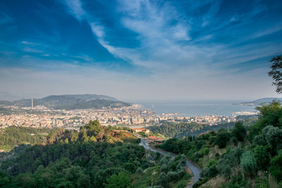 High angle view of cityscape against cloudy sky