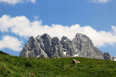 Scenic view of land and mountains against sky