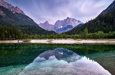 Scenic view of lake and mountains against sky