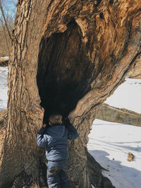 Rear view of man standing on tree trunk