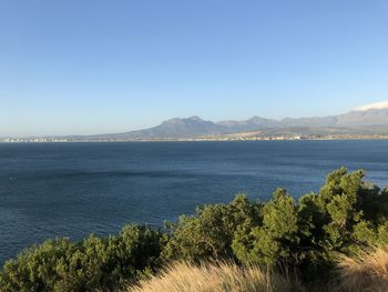 Scenic view of sea against clear blue sky