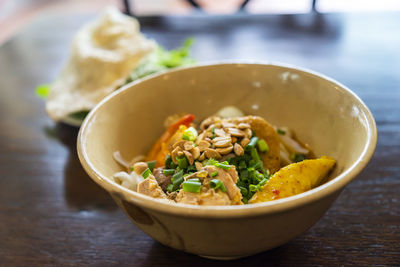 Close-up of soup in bowl on table