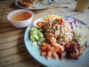 High angle view of meal served on table