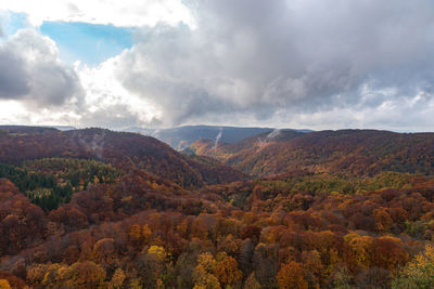 Scenic view of mountains against sky during autumn