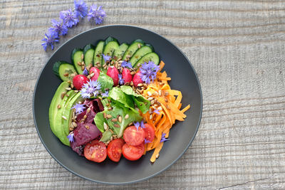 High angle view of strawberries in bowl on table