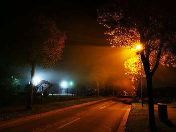 Illuminated street amidst trees against sky at night