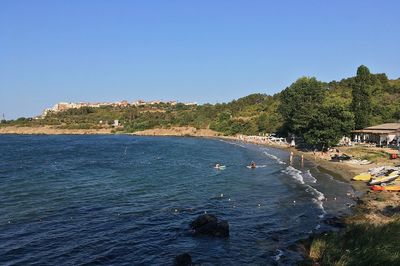 Scenic view of sea against clear blue sky