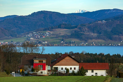 Houses by lake against sky