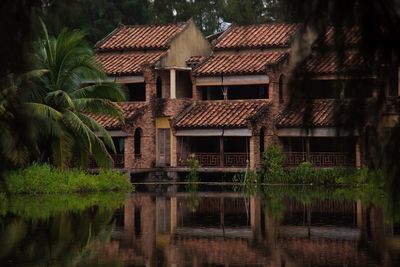 Houses and trees by lake against house