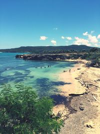 Scenic view of sea against blue sky