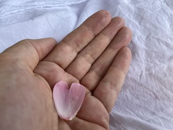 High angle view of person hand on bed