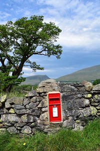 Information sign on tree by mountain against sky