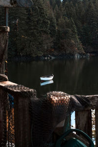 Boat moored on lake in forest