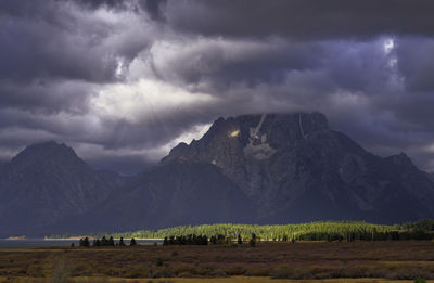 Panoramic view of landscape and mountains against cloudy sky