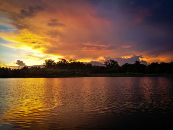 Scenic view of lake against sky during sunset