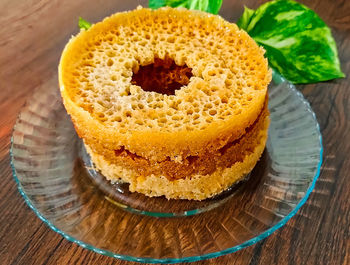 High angle view of cake in plate on table