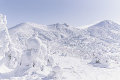 Snow covered landscape against clear sky