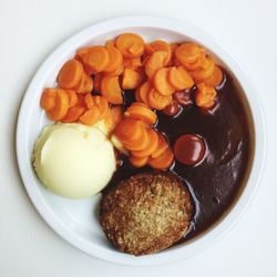 High angle view of breakfast in plate on table