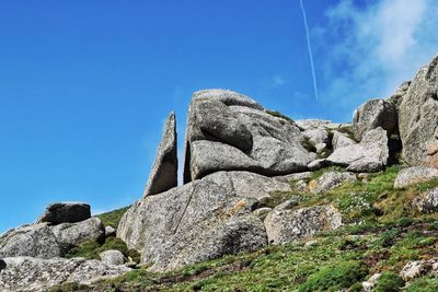 Low angle view of rocks against blue sky