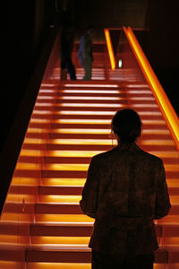 Rear view of man standing on staircase