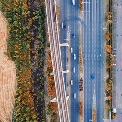 Aerial view of road and railroad tracks during autumn