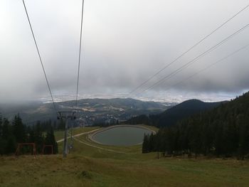 Scenic view of landscape against sky during foggy weather