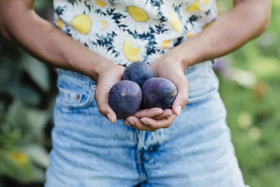 Mid adult woman holding figswhile standing at park