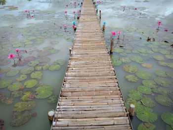 High angle view of leaves floating on footpath by lake