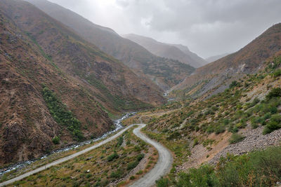 Scenic view of road amidst mountains against sky