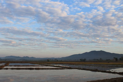 Scenic view of lake against sky during sunset