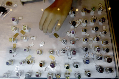 High angle view of hand on glass