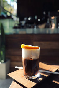 Close-up of coffee served on table