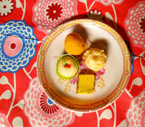 High angle view of breakfast served on table